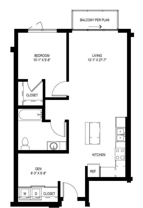 Floor plan for 1 bed, 1 bath, 782 sqft